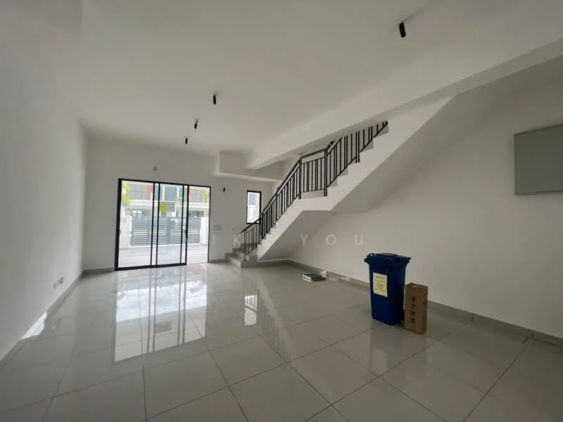 Room features: white painted walls, polished ceramic tile flooring, staircase with metal railing, large sliding glass door, floor-to-ceiling windows, recessed downlights, ceiling with no visible fixtures, bin, cardboard box; style: modern; view: garden.