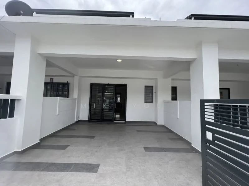 Exterior features: white painted facade, flat roof, grey tiled flooring, metal railing, multiple windows, main entrance door, outdoor lighting, satellite dish on roof; style: modern.