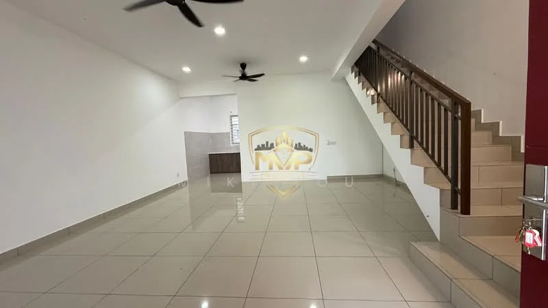 Living features: white painted walls, glossy ceramic tile flooring, 2 ceiling fans, open layout, staircase with wooden railing, large windows for natural light, neutral color scheme, no visible furniture; style: modern.