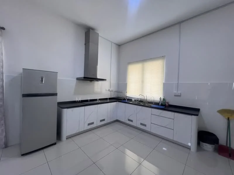 Kitchen features: white shaker cabinets, black countertop, stainless-steel fridge, built-in oven, stainless-steel range hood, ceramic tile flooring, window with blinds, sink, wall-mounted cabinets, cleaning supplies visible; style: modern.