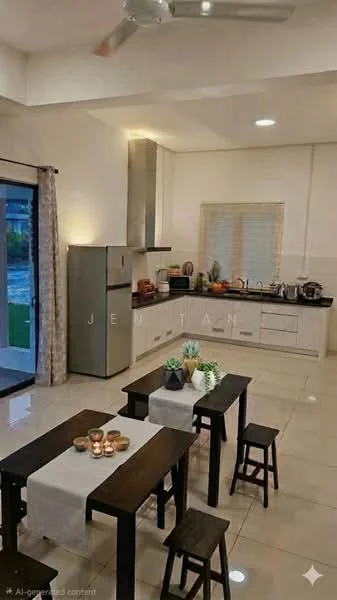 Kitchen features: white cabinetry, black countertop, stainless-steel fridge, built-in oven, 4-burner gas hob, stainless-steel range hood, ceramic tile flooring, recessed downlights, window with blinds, dining table with 4 stools, decorative plants, table runner, candles on table; style: modern; view: garden.