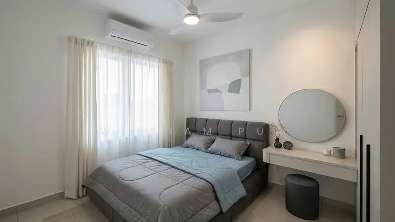 Bedroom features: queen-size bed with grey upholstered headboard, light blue bedding, 2 bedside pillows, white sheer curtains, floor-to-ceiling window, round wall mirror, minimalist bedside table, decorative vase on table, ceiling fan, wall-mounted air conditioning unit, neutral wall color, tile flooring; style: modern.