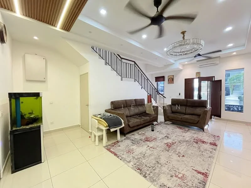 Living features: 2-seater brown leather sofa, 3-seater brown leather sofa, area rug with geometric pattern, white painted walls, recessed LED downlights, ceiling fan with light, glass chandelier, large sliding glass door, tile flooring, staircase with metal railing, wall-mounted air conditioning unit, decorative wall art; style: modern; view: garden.