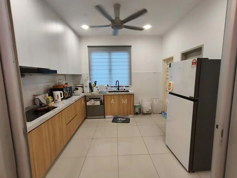 Kitchen features: white cabinets with wood accents, marble countertop, stainless-steel sink, chrome pull-down faucet, built-in oven, freestanding range oven, stainless-steel fridge, microwave, dishwasher, 5-blade ceiling fan with light, tile flooring, window with blinds, open shelving, kitchen island, decorative wall clock; style: modern.