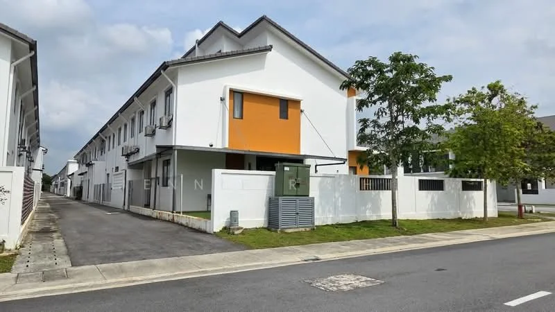 Exterior type: linked terrace house; features: white painted facade, orange accent wall, flat roof, 2-storey building, manicured lawn, paved walkway, air conditioning units visible, fenced perimeter, driveway, surrounded by greenery; style: modern.