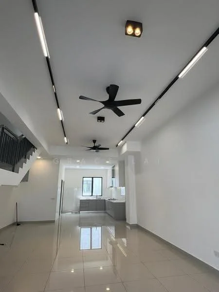 Room features: white painted walls, polished ceramic tile flooring, 5-blade ceiling fan with light, 5-blade ceiling fan with light, recessed LED downlights, large window, open layout, kitchen area visible in background; style: modern.