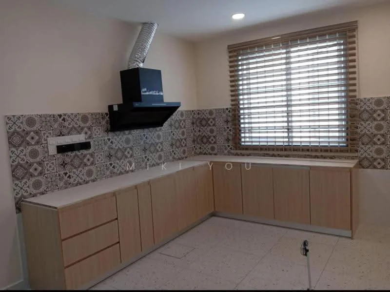 Kitchen features: wood cabinetry with light finish, white countertop, black range hood, decorative patterned backsplash, single-bowl stainless-steel sink, window with horizontal blinds, recessed ceiling lights, tile flooring; style: modern.
