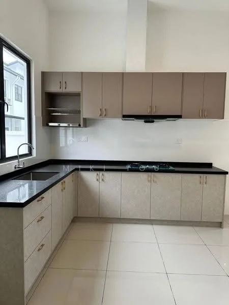 Kitchen features: black granite countertop, light grey cabinetry with gold handles, stainless-steel sink, chrome pull-down faucet, built-in range hood, white tiled backsplash, ceramic tile flooring, large window for natural light; style: modern.