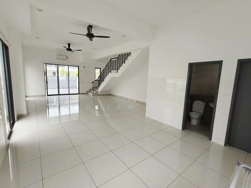 Living features: white painted walls, polished ceramic tile flooring, 5-blade ceiling fan with light, floor-to-ceiling windows, sliding glass door, open layout, staircase with black railing, air conditioning unit, natural light, neutral color scheme; style: modern. Bathroom features: one-piece toilet, white tiled walls, neutral tile flooring.