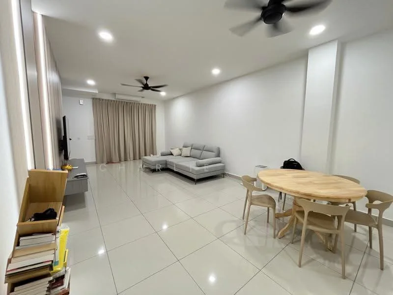 Living features: grey L-shape sectional sofa, round wooden dining table, 4 dining chairs, wall-mounted TV, light-coloured curtains, white painted walls, polished ceramic tile flooring, 2 ceiling fans with lights; style: modern.