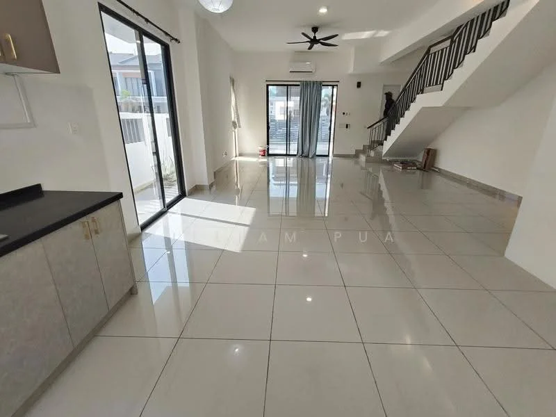 Living features: large floor-to-ceiling windows, sliding glass door, white painted walls, polished ceramic tile flooring, 5-blade ceiling fan, recessed downlights, open layout, access to outdoor area, neutral color palette, high ceiling, air conditioning unit; style: modern; view: garden. Kitchen features: black countertop, grey cabinetry, stainless-steel sink, built-in cabinetry, open layout to living area; style: modern.