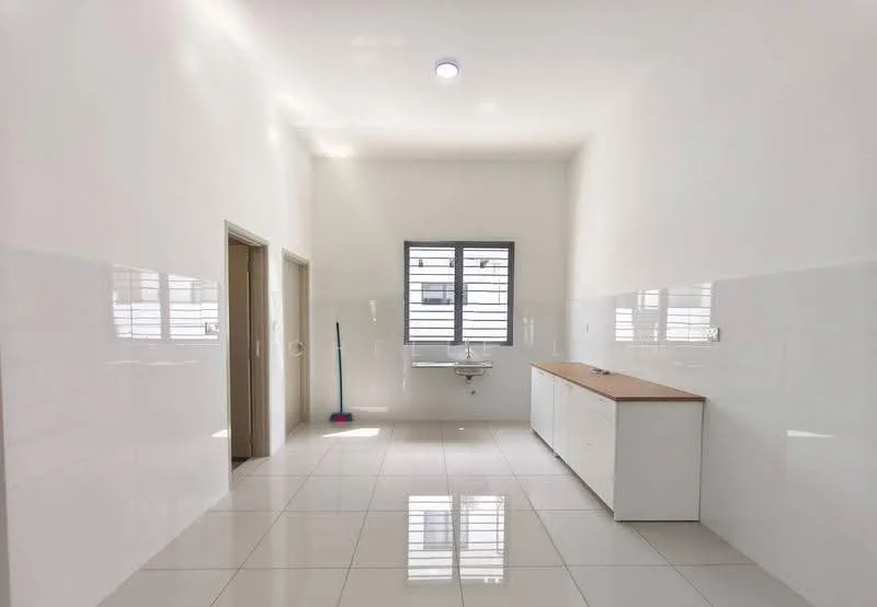 Laundry features: white painted walls, glossy white tile flooring, single-bowl stainless-steel sink, wood countertop, built-in cabinetry, window with horizontal bars, ceiling light, clean and minimalistic design; style: modern.