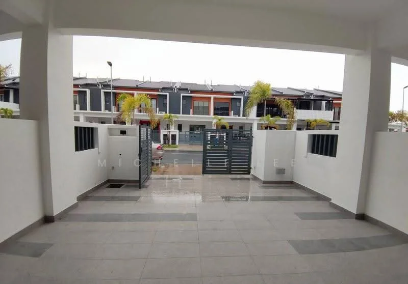 Exterior type: linked terrace house; features: grey tiled flooring, white painted walls, manicured landscaping with palm trees, metal gate, driveway with interlocking pavers, front porch area, surrounded by residential units; style: modern.