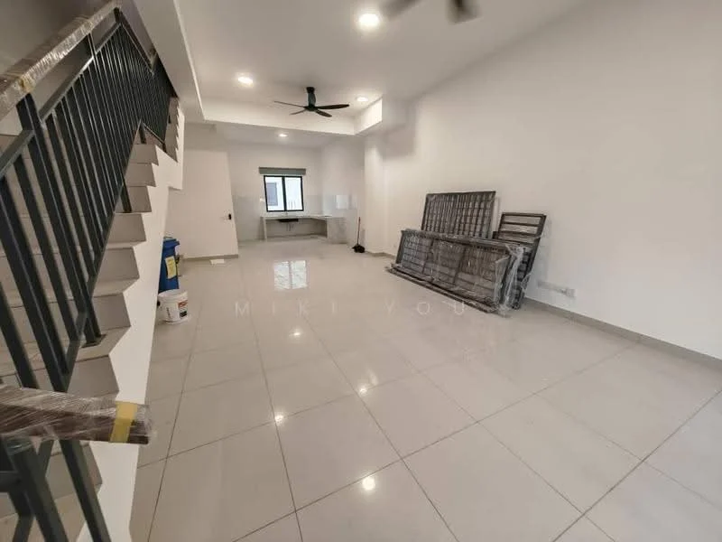 Living features: white painted walls, polished ceramic tile flooring, ceiling fan, recessed downlights, large window, open layout, staircase with metal railing, unfurnished space, neutral color scheme; style: modern.