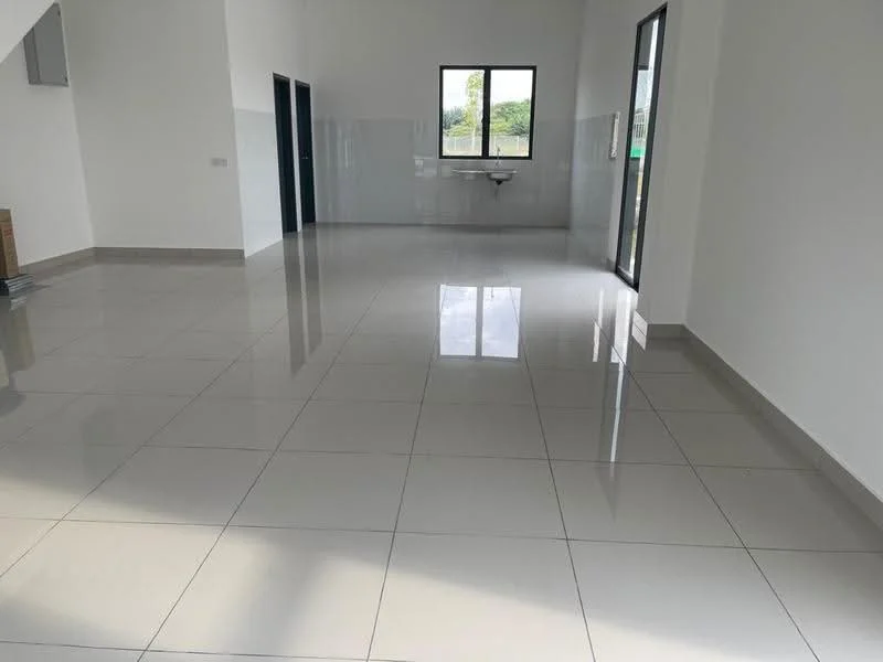 Room features: glossy ceramic tile flooring, white painted walls, large windows, natural light, sink, open layout, high ceiling, neutral color scheme; style: modern; view: garden.