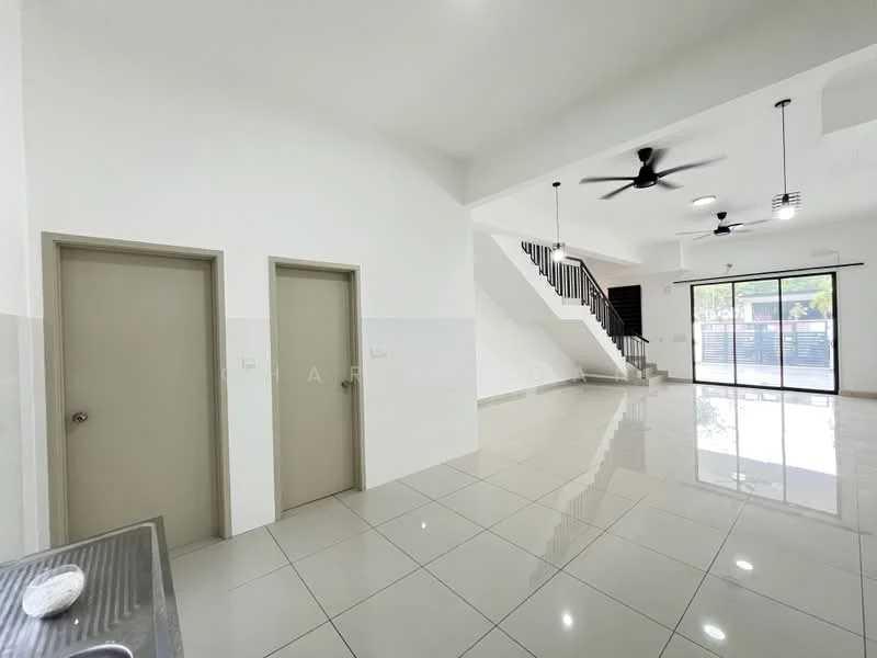Living features: white painted walls, glossy ceramic tile flooring, 5-blade ceiling fan with light, large sliding glass door, natural light from windows, open layout, staircase with black railing, two doors leading to unknown rooms; style: modern.