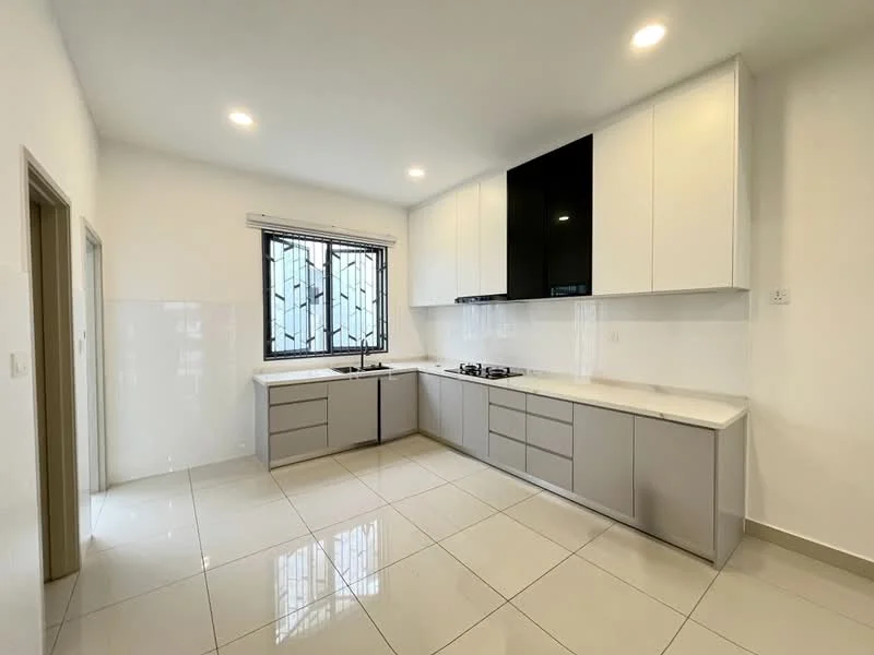 Kitchen features: white painted walls, grey lower cabinets, white upper cabinets, black glossy cabinet doors, double-bowl stainless-steel sink, chrome pull-down faucet, 4-burner gas hob, white quartz countertop, ceramic tile flooring, recessed LED downlights, window with security grille, open shelving, built-in cabinets; style: modern.