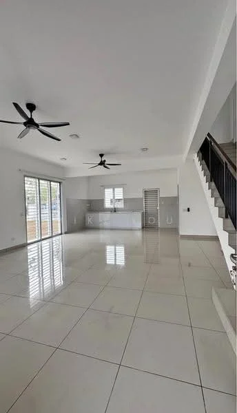 Living features: white painted walls, polished ceramic tile flooring, 2 ceiling fans, floor-to-ceiling windows, sliding glass door, open layout, staircase with railing, recessed downlights; style: modern; view: garden.