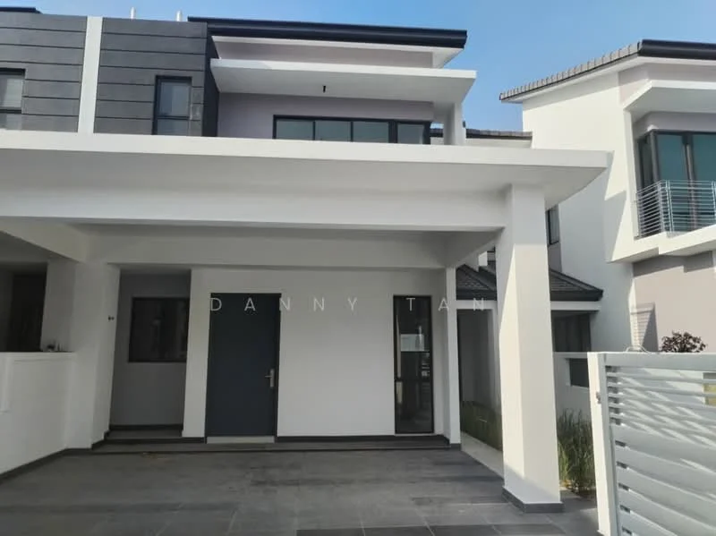 Exterior type: semi-detached house; features: white painted facade, grey accent wall, flat roof, single-storey, manicured lawn, stone-paved walkway, double-volume main entrance, glass sliding door, porch area, modern architectural style; style: modern.