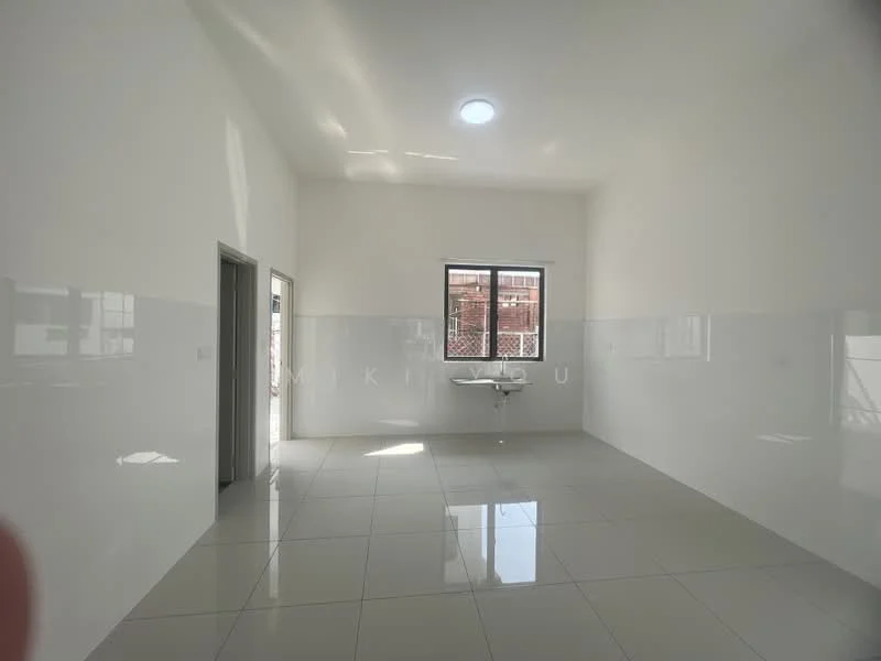 Room features: white painted walls, glossy white tiled flooring, single-bowl sink, window with grid pattern, ceiling light, high ceiling; style: modern.