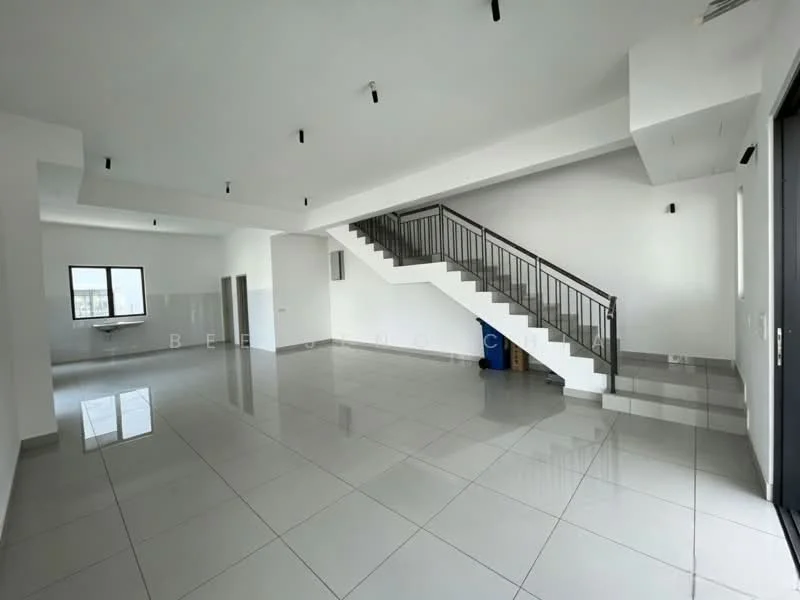 Room features: white painted walls, grey tiled flooring, staircase with metal railing, recessed downlights, large windows providing natural light, open layout, high ceiling, corner space, no visible furniture; style: modern; view: city.
