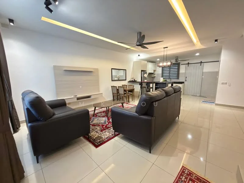 Living features: 2-seater leather sofa in black, 3-seater leather sofa in black, area rug with geometric pattern, wall-mounted TV, entertainment unit, recessed downlights, 5-blade ceiling fan with light, white painted walls, glossy tile flooring, sliding glass door, dining table with chairs, open layout to kitchen; style: modern. Kitchen features: kitchen island, stainless-steel sink, chrome pull-down faucet, built-in oven, freestanding range oven, microwave, white cabinetry, black countertop, tile backsplash, recessed downlights; style: modern.