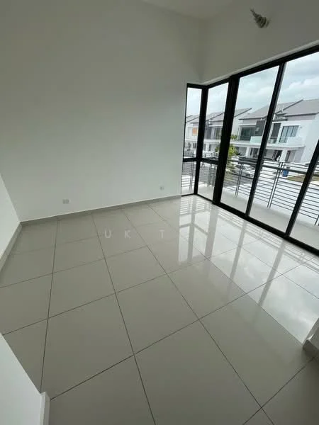 Room features: white painted walls, glossy ceramic tile flooring, floor-to-ceiling windows, sliding glass door, balcony access, natural light, high ceiling, minimalist decor; style: modern; view: city.