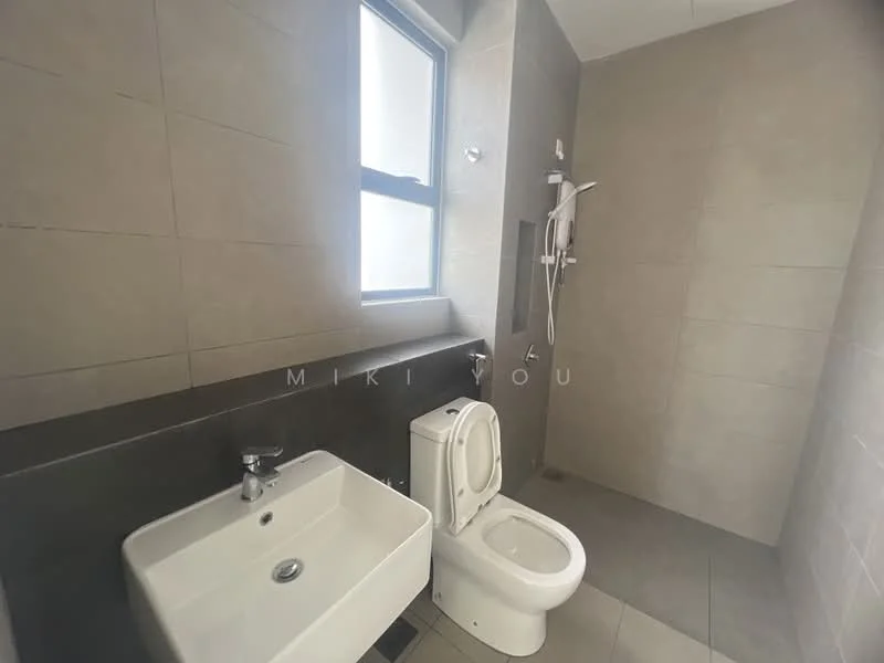 Bathroom features: grey tiled walls, light grey tiled flooring, single-sink vanity with modern faucet, white toilet, walk-in shower with glass panel, shower head, window for natural light, chrome fixtures; style: modern.