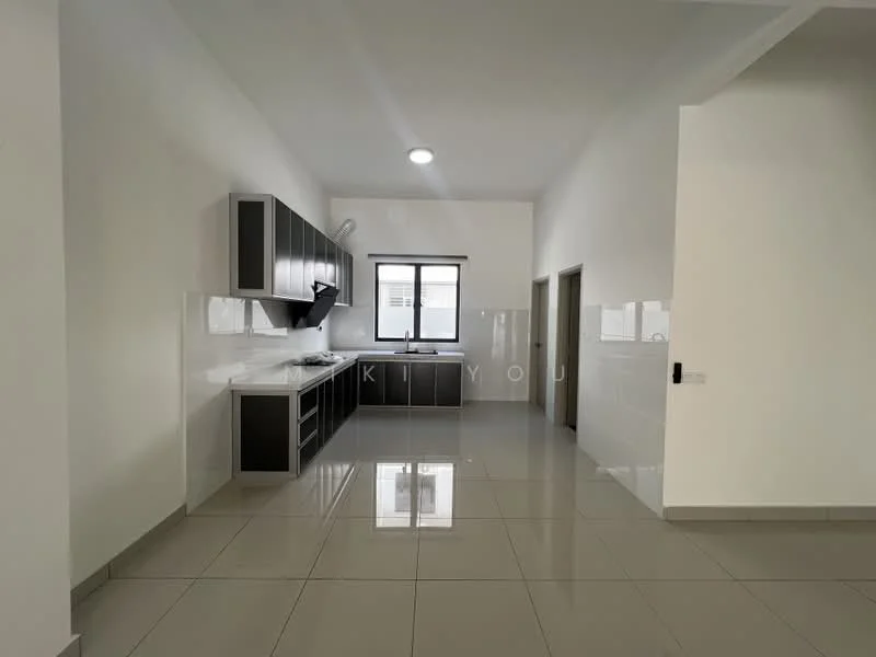 Kitchen features: black cabinetry, white countertop, stainless-steel sink, chrome pull-down faucet, built-in stove, wall-mounted range hood, ceramic tile flooring, white painted walls, recessed downlights, large window, open layout, dining area adjacent; style: modern.