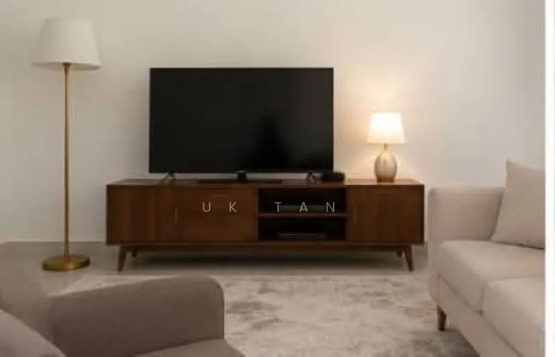Living features: wall-mounted TV, wooden TV console, table lamp with beige shade, floor lamp with white shade, light grey sofa, beige armchair, area rug, neutral painted walls; style: modern.
