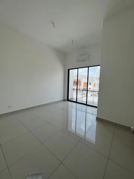 Room features: white painted walls, glossy ceramic tile flooring, floor-to-ceiling sliding glass door, air conditioning unit, natural light from windows, minimalist design, high ceiling, no visible furniture; style: modern; view: city.