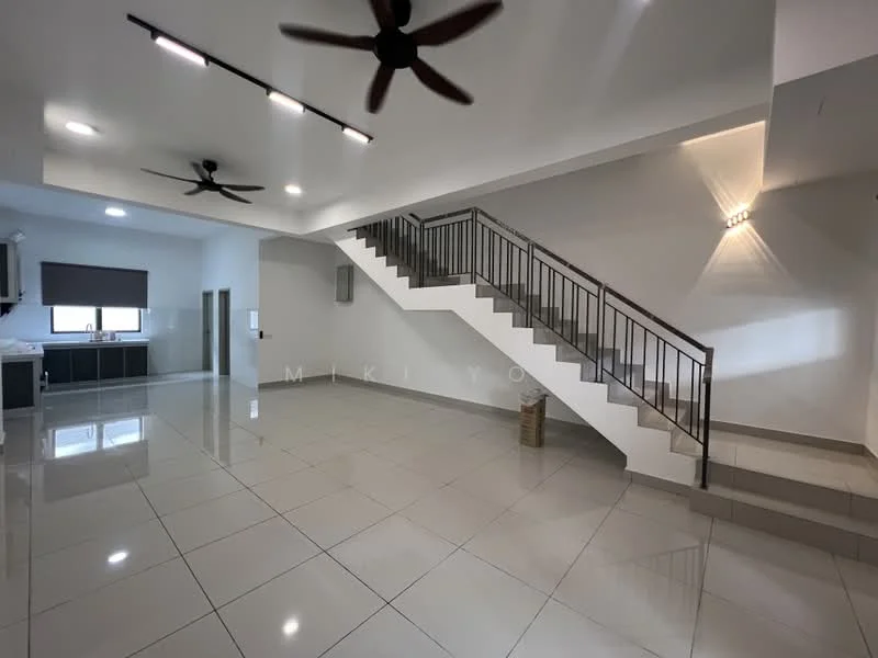 Living features: large open space, white painted walls, glossy ceramic tile flooring, recessed LED downlights, 2 ceiling fans, staircase with metal railing, large windows, kitchen area visible in background; style: modern.