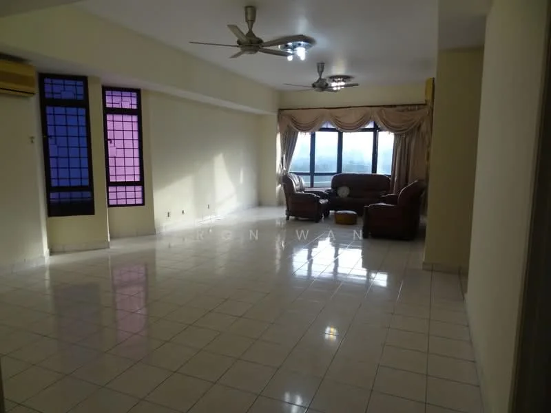 Living features: white painted walls, glossy tile flooring, 5-blade ceiling fan with light, 2 ceiling-mounted lights, large floor-to-ceiling windows, curtains, 2-seater brown leather sofa, 3-seater brown leather sofa, coffee table, air conditioning unit; style: contemporary.