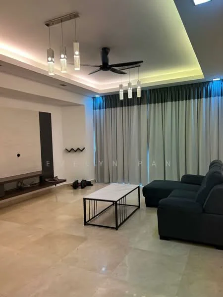 Living features: 5-blade ceiling fan with light, recessed downlights, sofa in dark grey fabric, coffee table with black metal frame, cream marble flooring, white painted walls, floor-to-ceiling curtains in grey and blue, wall-mounted shelf, decorative items on shelf; style: modern.