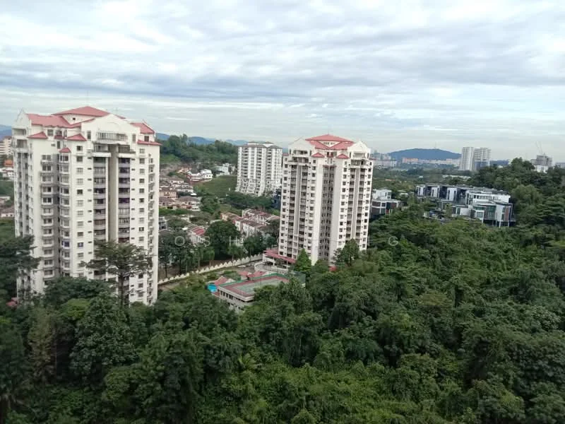 Exterior type: high-rise condominium; features: multiple high-rise buildings, green landscaping, surrounding trees, urban skyline in background, red-tiled roofs, balconies on buildings, manicured gardens, swimming pool visible, mountain view in distance; style: modern.
