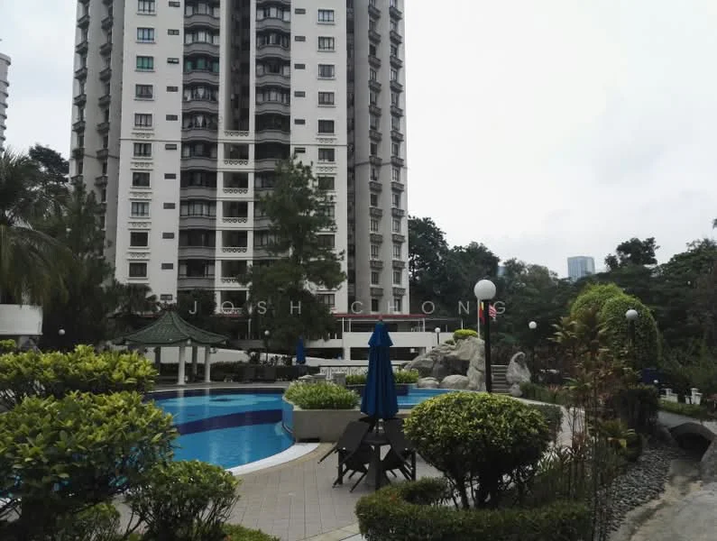 Exterior type: high-rise condominium; features: swimming pool, pool deck with loungers, landscaped garden, manicured lawn, tropical landscaping, palm trees, stone-paved walkway, multiple storeys, balconies on upper floors, decorative water features; style: modern.