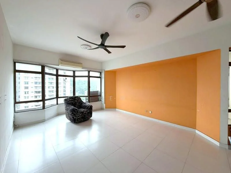 Living features: large bay windows, orange accent wall, white painted walls, white tile flooring, ceiling fan, air conditioning unit, black patterned armchair, recessed ceiling lights; style: modern; view: city.