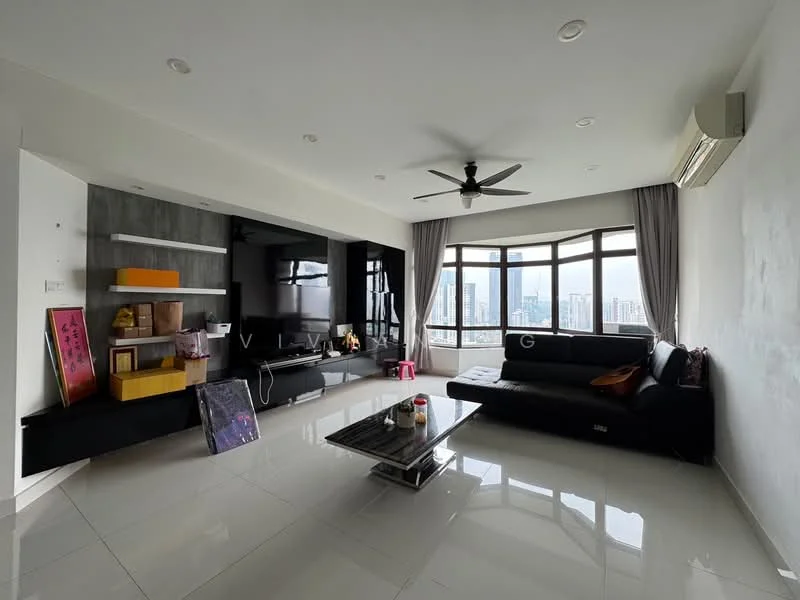 Living features: black L-shape sectional sofa, glass coffee table, white walls, grey accent wall, floor-to-ceiling windows, curtains, recessed downlights, ceiling fan, TV console, decorative artwork, marble tile flooring, wall-mounted TV; style: modern; view: city.