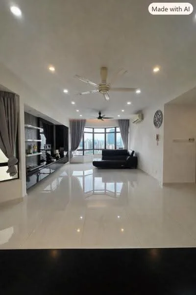 Living features: white painted walls, polished ceramic tile flooring, 5-blade ceiling fan with light, floor-to-ceiling windows, sliding glass door, grey fabric sofa, black TV console, decorative wall clock, curtains, recessed LED downlights; style: modern; view: city.