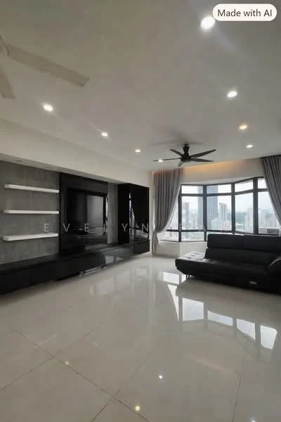 Living features: black leather sectional sofa, wall-mounted TV, floating shelves, recessed LED downlights, 5-blade ceiling fan, large windows with city view, grey accent wall, glossy tile flooring, curtains, open layout; style: modern; view: city.