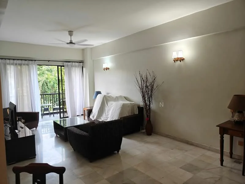 Living features: marble flooring, white painted walls, 5-blade ceiling fan, 2 wall sconces, black fabric sofa, coffee table, decorative branches in vase, side table with lamp, sliding glass door, floor-to-ceiling curtains, view of greenery; style: modern; view: garden.