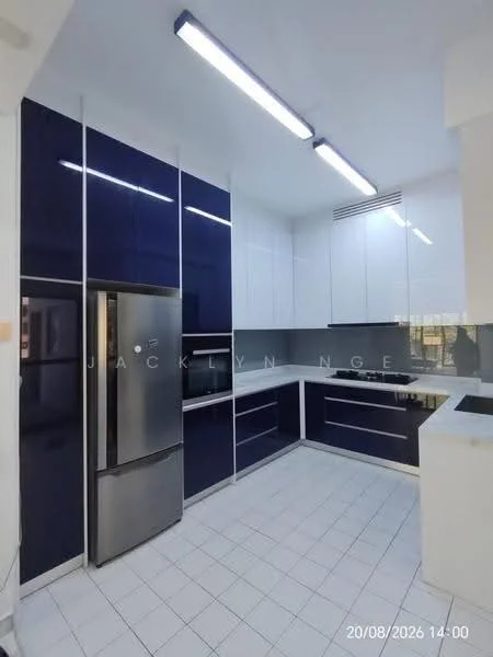 Kitchen features: blue high-gloss cabinetry, white upper cabinets, stainless-steel fridge, built-in oven, ceramic tile flooring, white countertop, glass backsplash, recessed LED downlights, single-bowl stainless-steel sink, chrome pull-down faucet; style: modern.