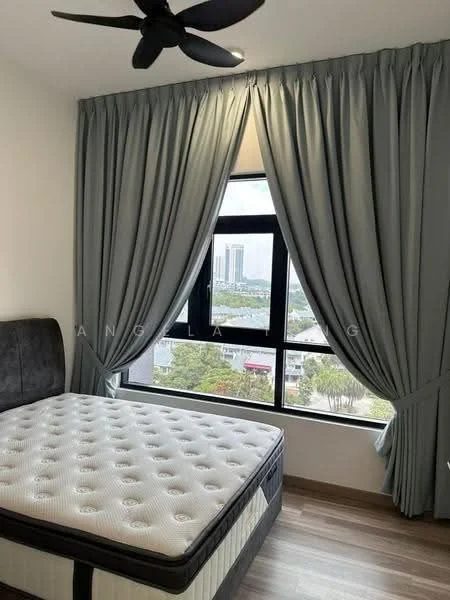 Bedroom features: queen-size bed, upholstered headboard, floor-to-ceiling windows, grey curtains, wooden flooring, ceiling fan, decorative wall, city view; style: modern; view: city.