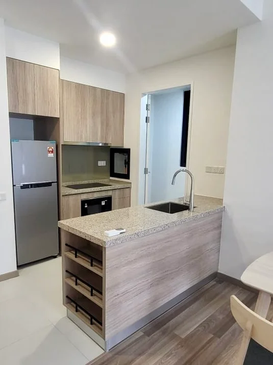 Kitchen features: granite countertop, stainless-steel sink, chrome pull-down faucet, wood cabinetry, built-in microwave, refrigerator, kitchen island with storage drawers, ceramic tile flooring, recessed downlights; style: modern.
