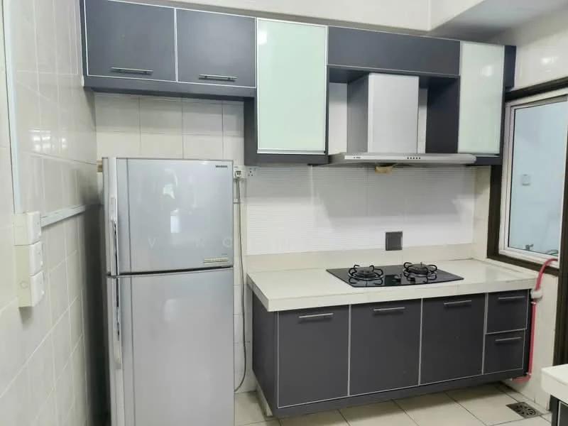 Kitchen features: grey cabinetry with glass-front upper cabinets, white countertop, stainless-steel fridge, built-in gas hob with two burners, exhaust hood, white tiled walls, cream tiled flooring, window with view to outside; style: modern.