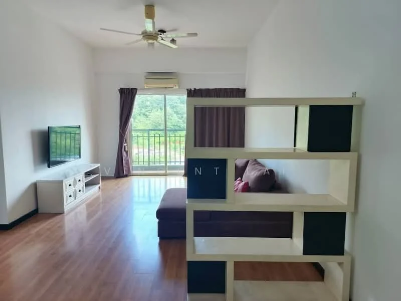 Living features: wooden flooring, white painted walls, ceiling fan, sliding glass door, floor-to-ceiling windows, purple curtains, TV console, wall-mounted TV, sectional sofa in dark color, open shelving unit with black and white accents; style: modern; view: garden.