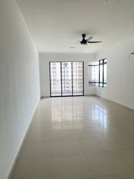 Living features: white painted walls, glossy ceramic tile flooring, 5-blade ceiling fan, floor-to-ceiling windows, sliding glass door, balcony access, natural light, neutral decor; style: modern; view: city.
