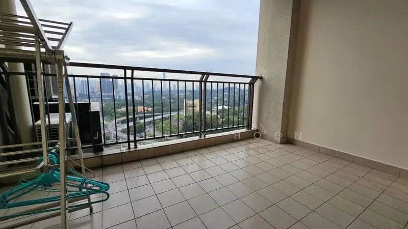 Room features: balcony, tile flooring, metal railing, city skyline view, clothes drying rack, air conditioning unit; view: city.