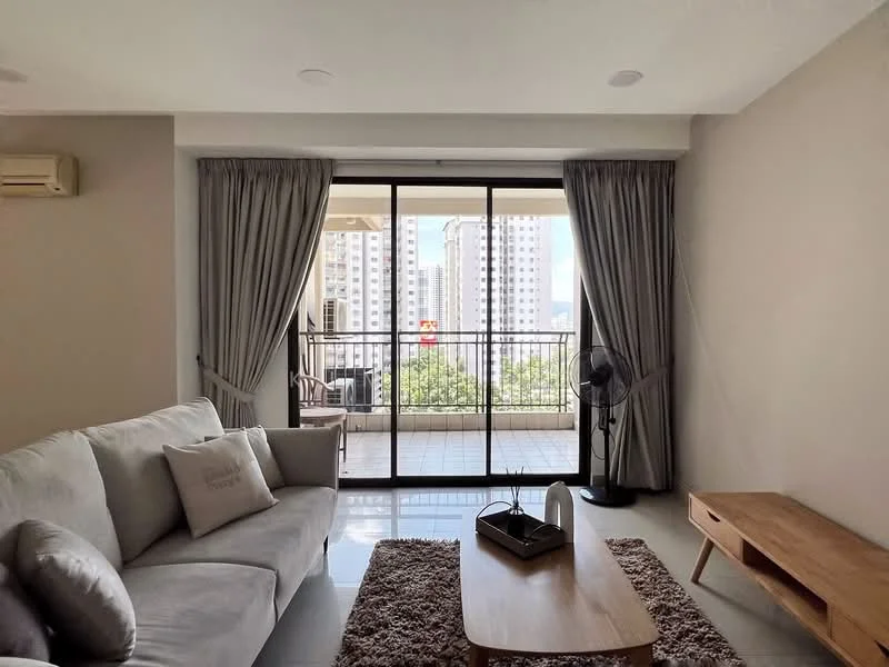 Living features: light grey fabric sofa, wooden coffee table, area rug with geometric pattern, floor-to-ceiling sliding glass door, curtains in light grey, wall-mounted air conditioning unit, wall-mounted TV console, decorative items on coffee table; style: modern; view: city. Balcony view: city.