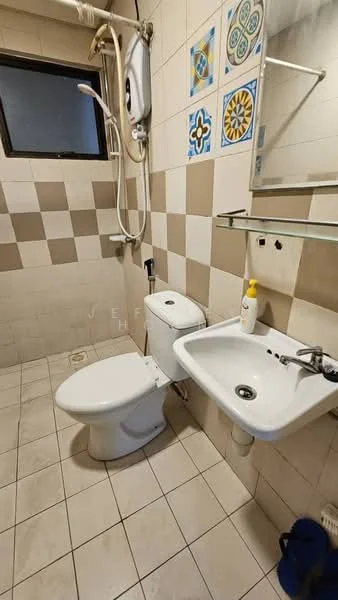 Bathroom features: white tiled walls, beige tiled walls, white ceramic toilet, white pedestal sink, chrome basin mixer faucet, shower with handheld showerhead, wall-mounted water heater, mirror above sink, floor tiles, decorative wall tiles with patterns; style: modern.